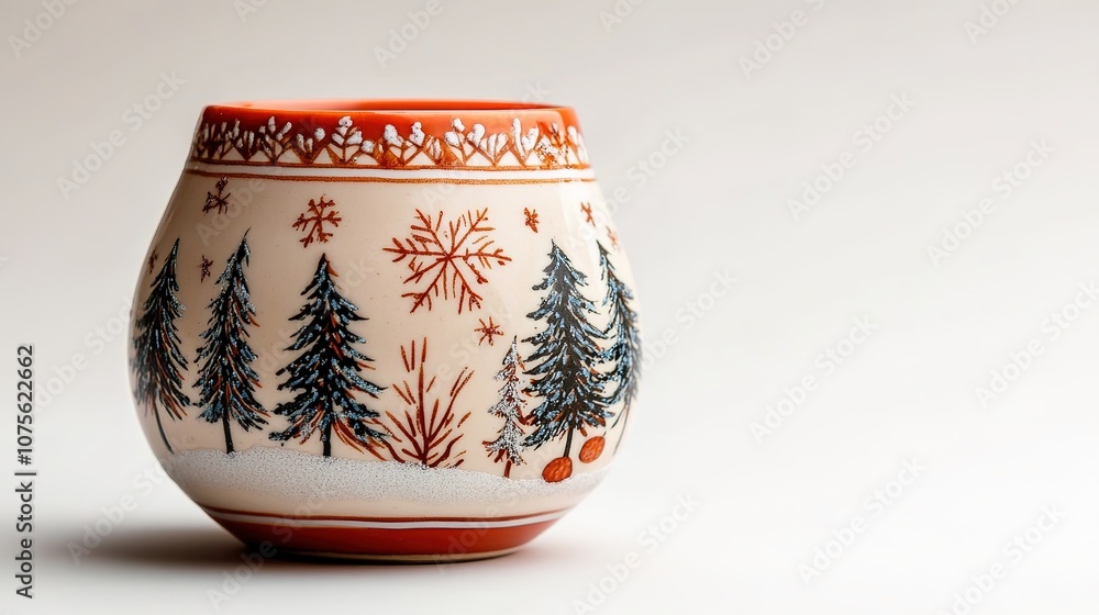 Ceramic pot with festive winter design on light background Ceramic pot with festive winter design on light background