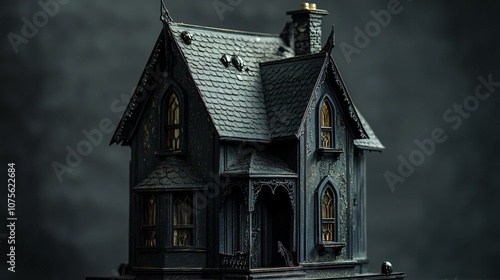 Gothic toy house with dark paint, tiny gargoyle decorations, bat decals, isolated on a shadowy gray background photo