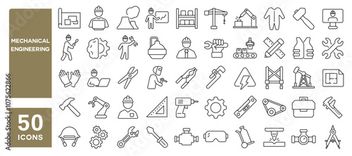 Set of 50 line icons related to mechanical engineering, mechanic, labor, industrial, engine, machinery, technology, gear, fix, engineer, Editable stroke. Vector illustration