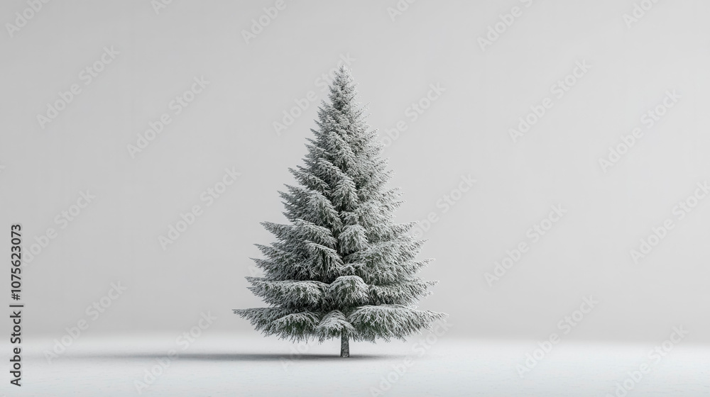 Snow-covered evergreen tree standing alone on a winter landscape in a serene, minimalist setting