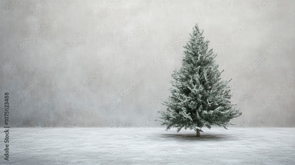 Fototapeta premium A solitary evergreen tree adorned with snow stands against a soft gray background during a winter morning in a serene landscape