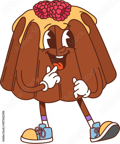Groovy pudding cake character. Cartoon vector chocolate dessert. Funny pastry with creamy topping and raspberries. Sweet retro y2k personage with smiling face and sneakers. Bakehouse confection food