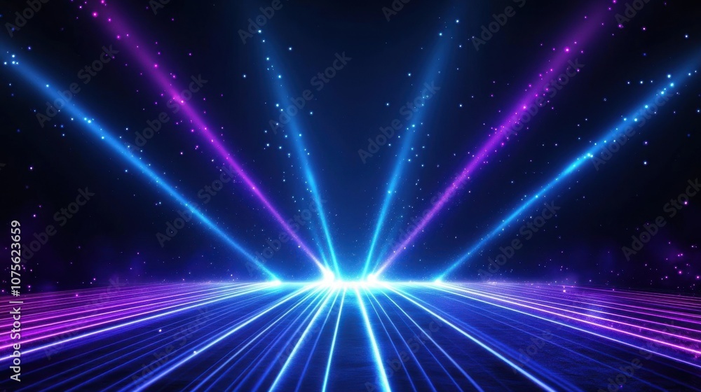 A vibrant display of blue and purple laser beams converging, set against a starry background, creating a dynamic atmosphere. A vibrant display of blue and purple laser beams converging, set against a starry background, creating a dynamic atmosphere.