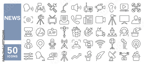 Set of 50 line icons related to news, interview, report, press, newspaper, media, microphone, online, interviewer, camera, satellite, Editable stroke. Vector illustration
