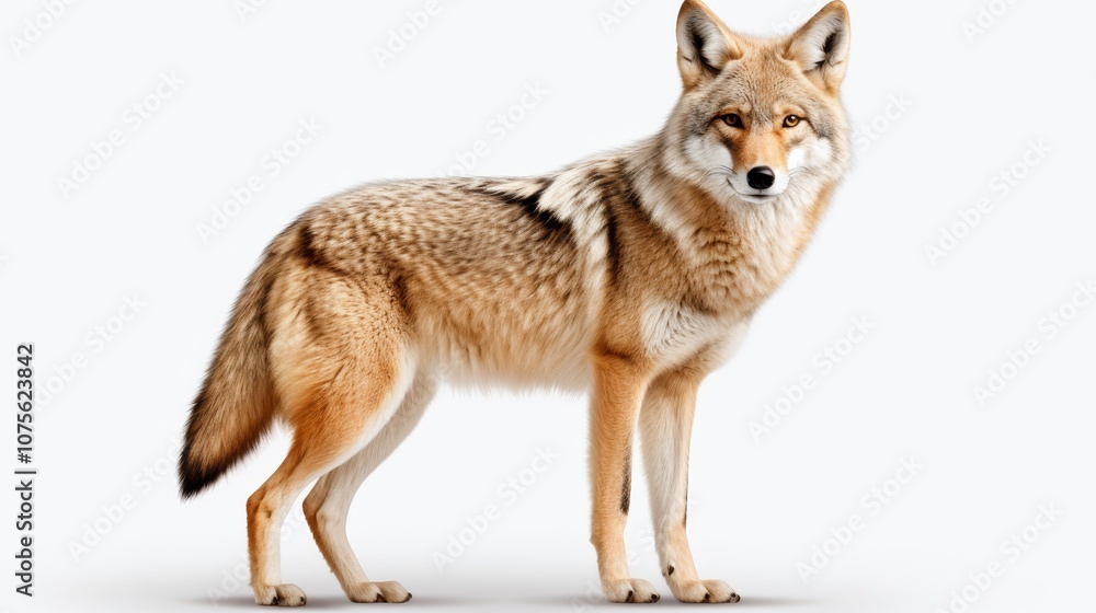 Fototapeta premium Realistic coyote standing alert with background for seamless integration in design projects