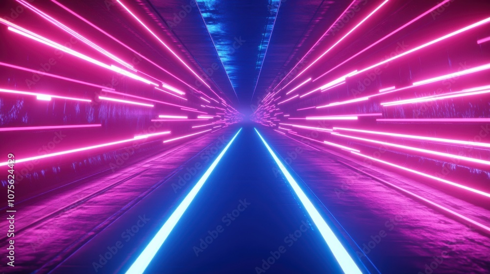 Fototapeta premium A vibrant neon tunnel illuminated with blue and pink lights, creating a dynamic and energetic atmosphere.