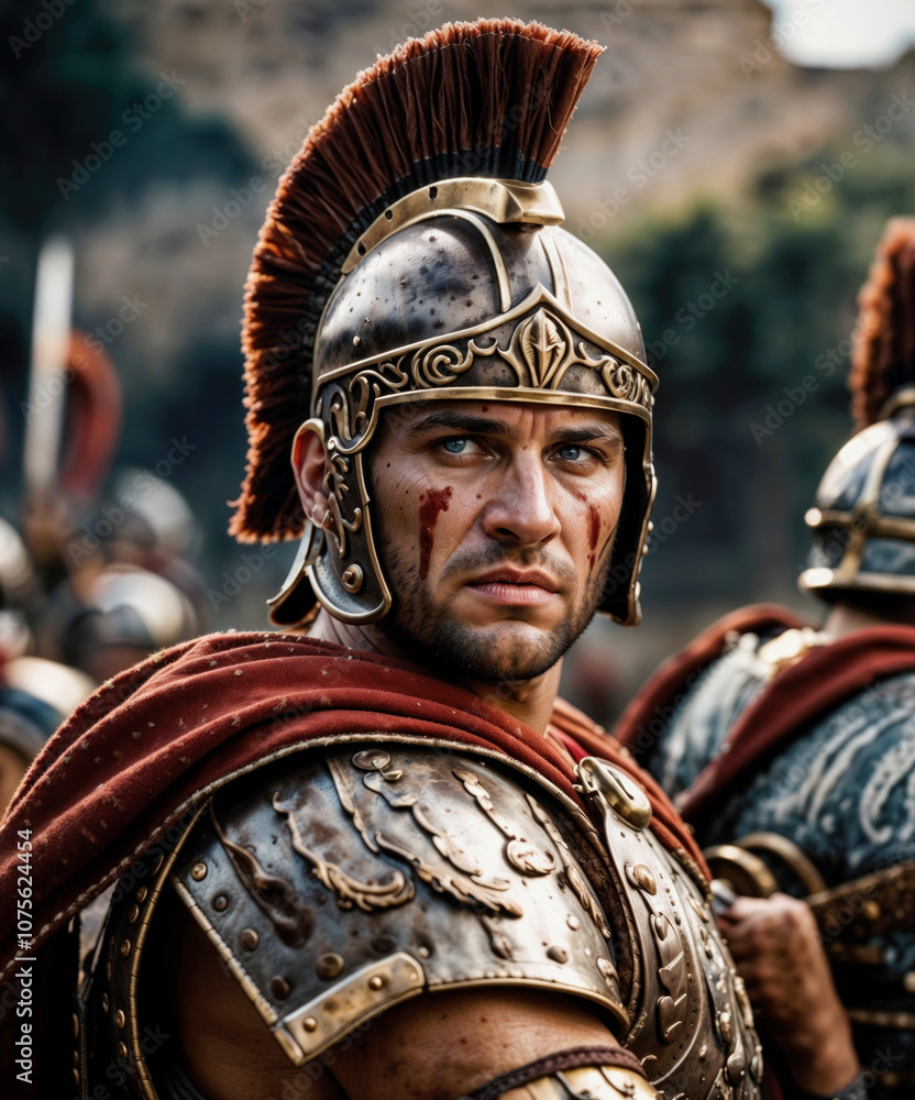 Fierce Roman soldier in detailed armor and helmet with a red crest, showing signs of battle.