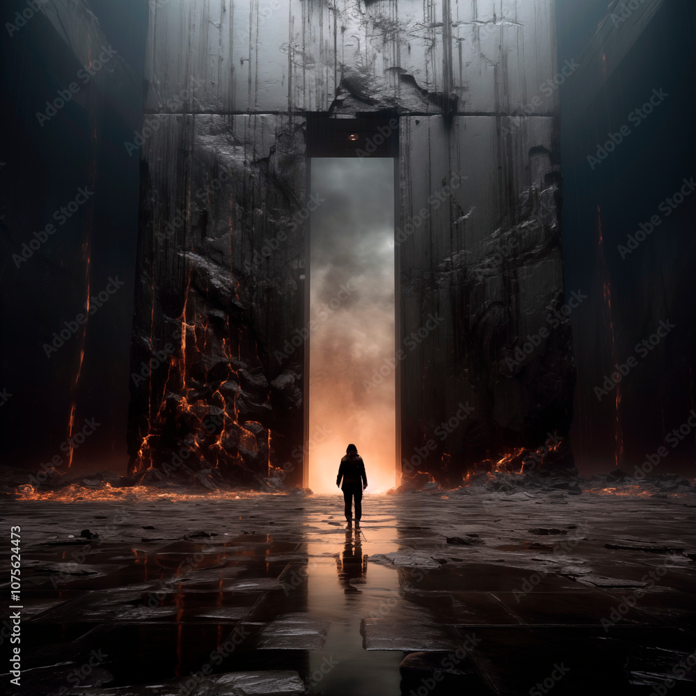 Fototapeta premium Surreal scene of a lone figure standing before a massive dark gate with glowing cracks and mist, evoking mystery and suspense.