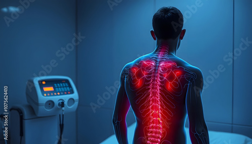 ESWT non-invasive treatment to recovery from back injury. Going to extracorporeal shockwave therapy to heal damaged tissues of the body with white shades, png photo