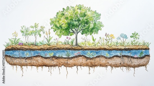 The illustration shows how water and nutrients are absorbed in each soil layer photo