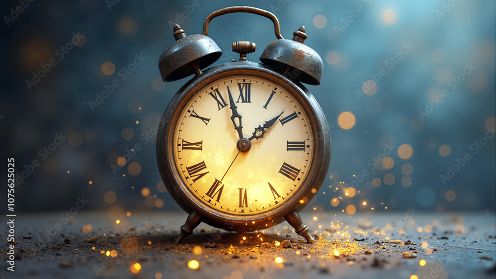 An old alarm clock sitting on top of a table surrounded by golden particles on an infinite blue background. An old alarm clock sitting on top of a table surrounded by golden particles on an infinite blue background.