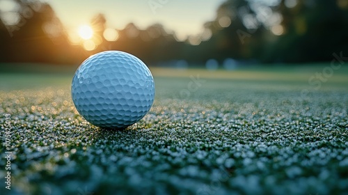 Golf ball on green grass with sunset in the background.