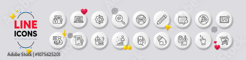 Pencil, Touchscreen gesture and Web inventory line icons. White buttons 3d icons. Pack of Security contract, Flash memory, Fake news icon. Calendar, Transform, Stats pictogram. Vector