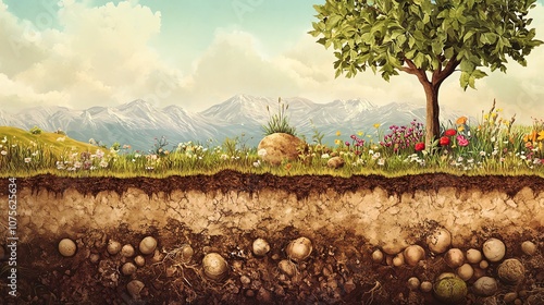 This illustration depicts the decomposition of organic material within the soil