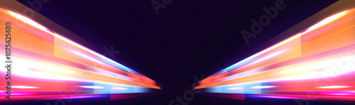 Big data traffic visualization, dynamic high speed data streaming traffic. Vector glitter light fire flare trace. Speed of light in galaxy. Neon light, electric light, light effect. 