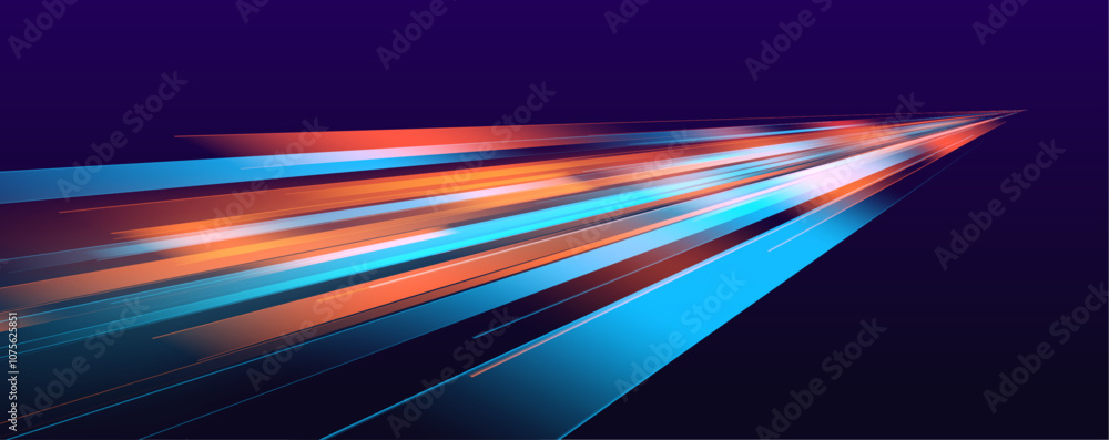 Horizontal night road in the form of a panorama with neon lights. Neon stripes in the form of drill, turns and swirl. Car motion trails. Speed line motion vector background.