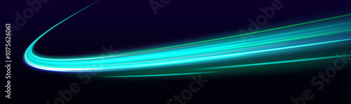 High speed motion blur effect, green night lights. Acceleration speed motion on night road. Vector glitter light fire flare trace.	