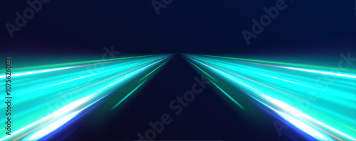 High speed motion blur effect, green night lights. Acceleration speed motion on night road. Abstract fire flare trace lens flares. 