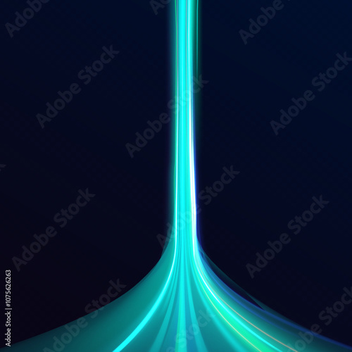 High-speed light line in the form of a road and a highway in a night city. Neon line as speed or arc, turn, twist, bend in light effect. 