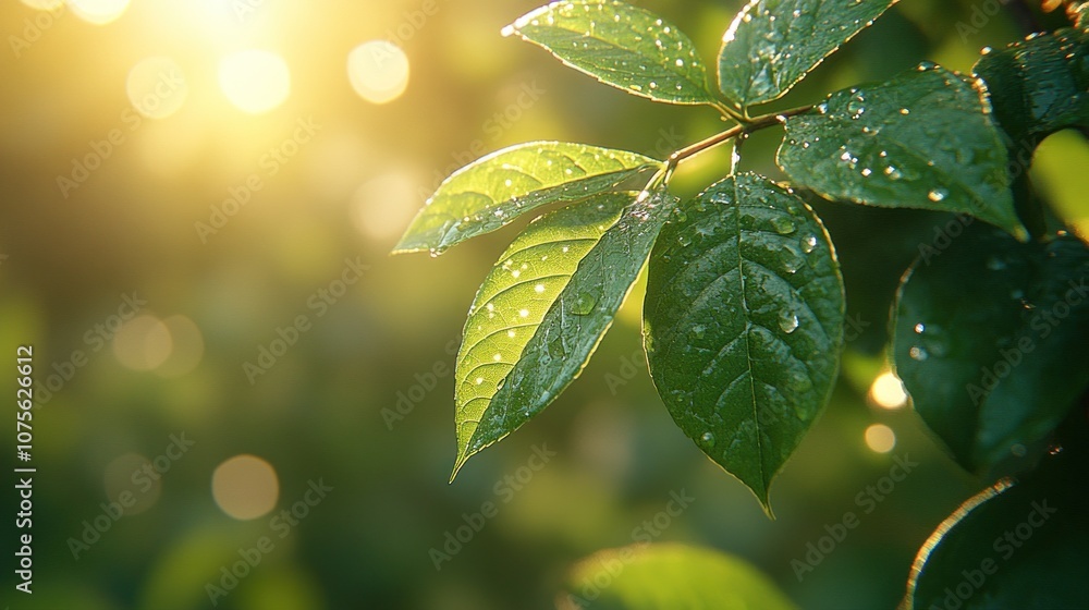 Green leaves with dew drops in sunlight. Green leaves with dew drops in sunlight.