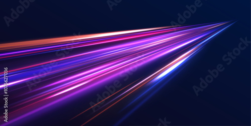 Long exposure, light painting photography. Vibrant streaks of neon blue and pink color against a black background. City road car light trails motion background. 