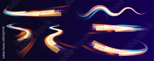 Magic moving fast speed police lines. Laser beams luminous abstract sparkling isolated on a transparent background. Sports light lines with neon effect in hay red and pink. Energy flow tunnel.  