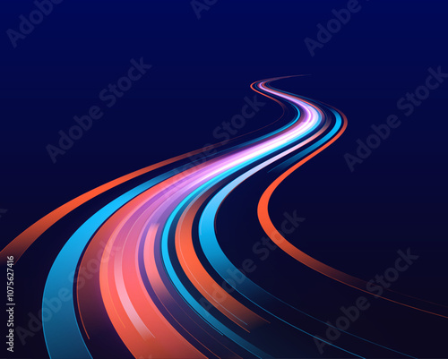 Night motorway with light effects in neon colors purple, blue and red. Abstract futuristic background with glowing light effect. Vector illustration.