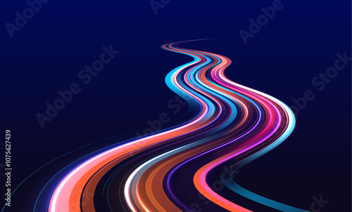 Big data traffic visualization, dynamic high speed data streaming traffic. Image of speed motion on the road. Abstract background in blue and purple neon glow colors.
