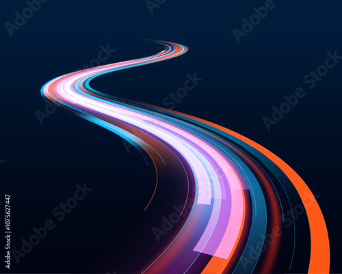 Abstract image of speed motion on the road. Dark blue abstract background with ultraviolet neon glow, blurry light lines, waves. Expressway, car headlight effect. 
