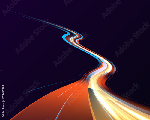 Vector dark blue abstract background with ultraviolet neon glow, blurry light lines, waves. Dynamic composition of bright lines forming lights path of speed movement, futuristic dark background.