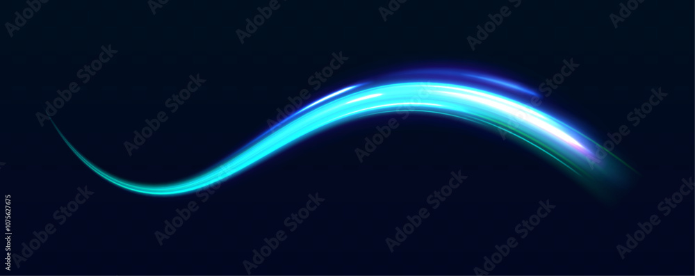 Image with the effect of high-speed movement on the road, green stripes on a dark background. Light trail wave, fire path trace line, car lights, optic fiber and incandescence curve twirl. Image with the effect of high-speed movement on the road, green stripes on a dark background. Light trail wave, fire path trace line, car lights, optic fiber and incandescence curve twirl.