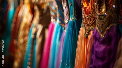 A closeup of a dancers costume hanging on a rack with other performance outfits awaiting its turn to shine on stage.