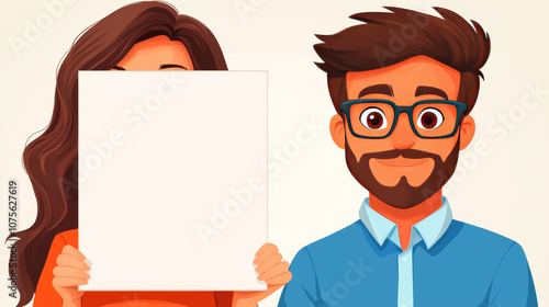 A young woman and man hold a blank sign, ready for your message.