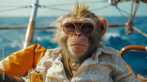 Monkeys wearing sunglasses on a yacht, holding drinks. Vacation scene with monkeys enjoying a cruise at sea. Animal. Travel and sea adventures. Holiday vacation. Tropical getaway. photo