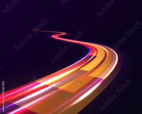 Neon color glowing lines background, high-speed light trails effect. Modern abstract high-speed light motion effect on black background. Light motion effect, slow shutter of traffic.	