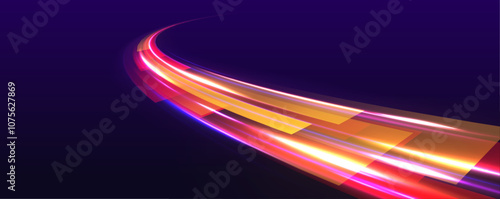 Abstract image of speed motion on the road. Dark blue abstract background with ultraviolet neon glow, blurry light lines, waves. Expressway, car headlight effect. 