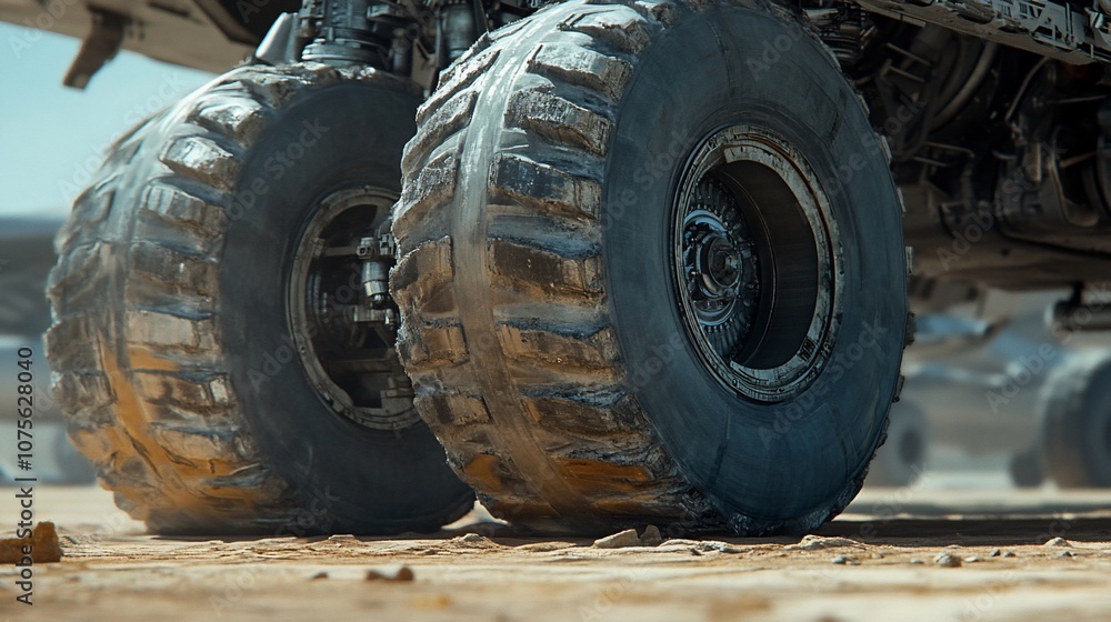 Closeup of two large off-road tires on a vehicle. Closeup of two large off-road tires on a vehicle.