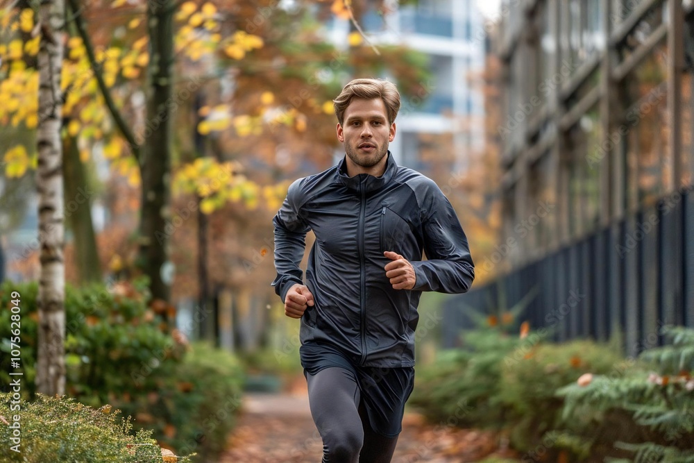 Obraz premium Full body photo of male Caucasian running outside.