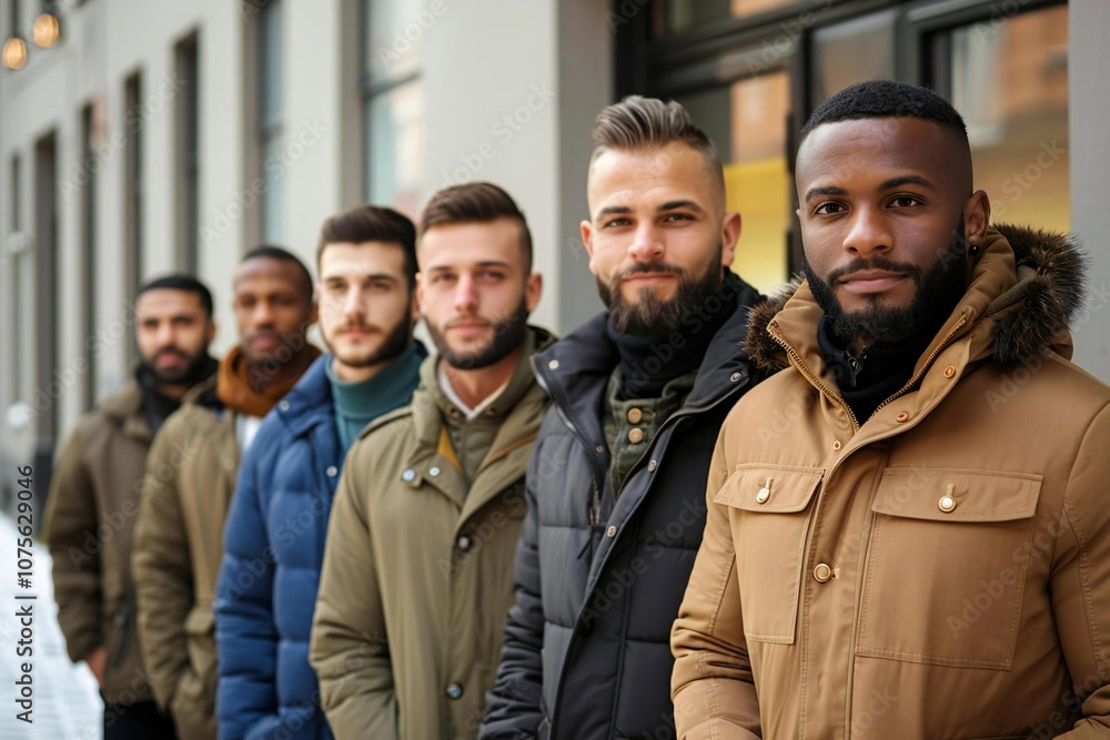 Full body photo of men group standing in row outside Full body photo of men group standing in row outside