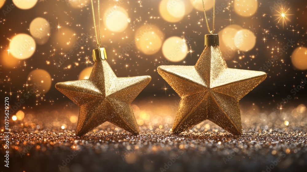 Golden star-shaped ornaments sparkle against a warm, blurred backdrop, creating a festive atmosphere. Golden star-shaped ornaments sparkle against a warm, blurred backdrop, creating a festive atmosphere.