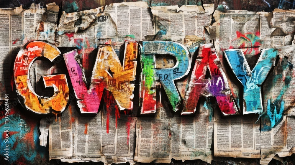 Fototapeta premium Colorful graffiti artwork spelling 'GWRAY' against a backdrop of layered newspaper clippings, creating a vibrant urban feel.