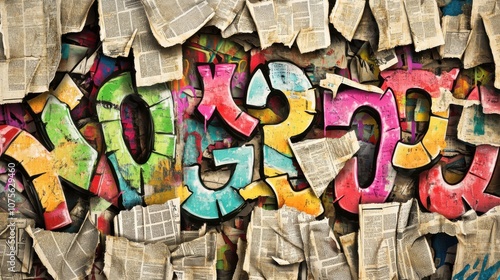 Colorful graffiti art reading 'No Groud' surrounded by textured layers of newspaper clippings. photo