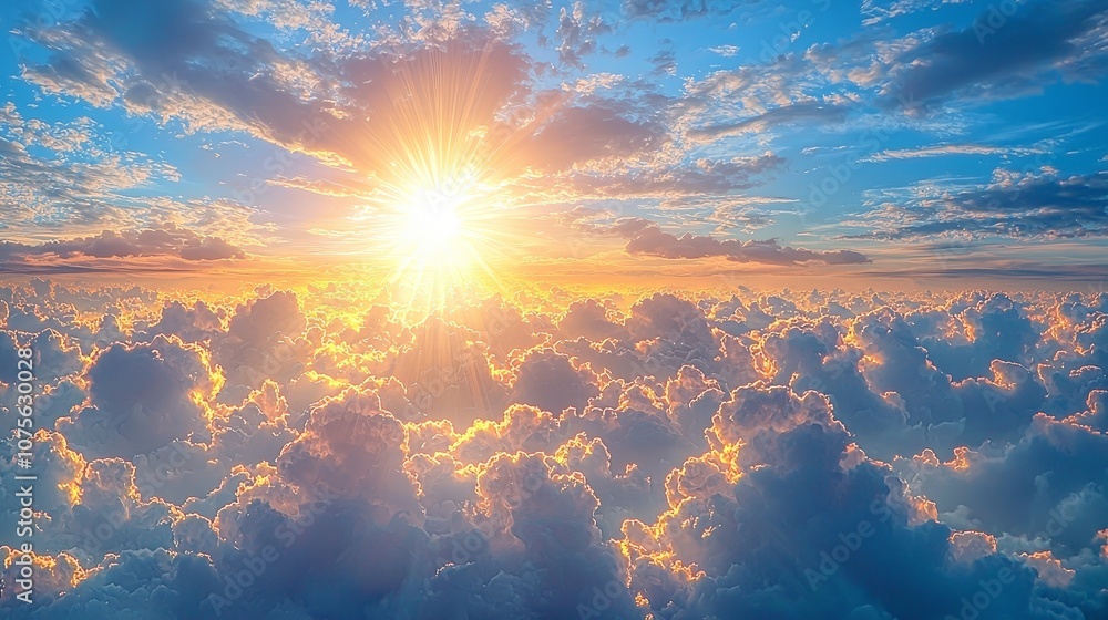 A vibrant sunrise over fluffy clouds, creating a serene and uplifting atmosphere. A vibrant sunrise over fluffy clouds, creating a serene and uplifting atmosphere.