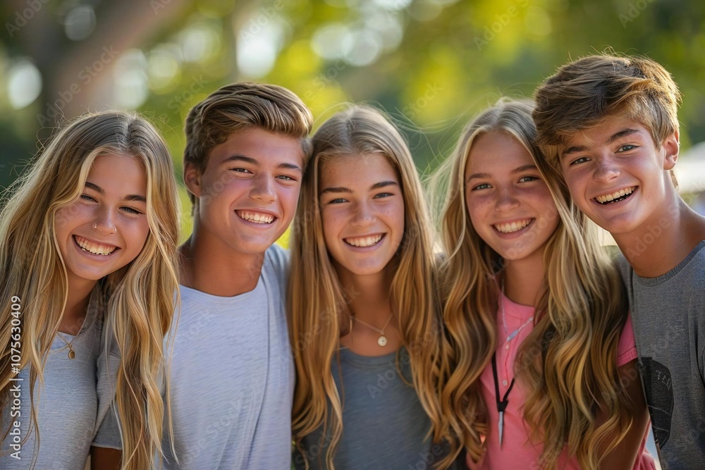 Casual group photo of Caucasian friends laughing at a park Casual group photo of Caucasian friends laughing at a park