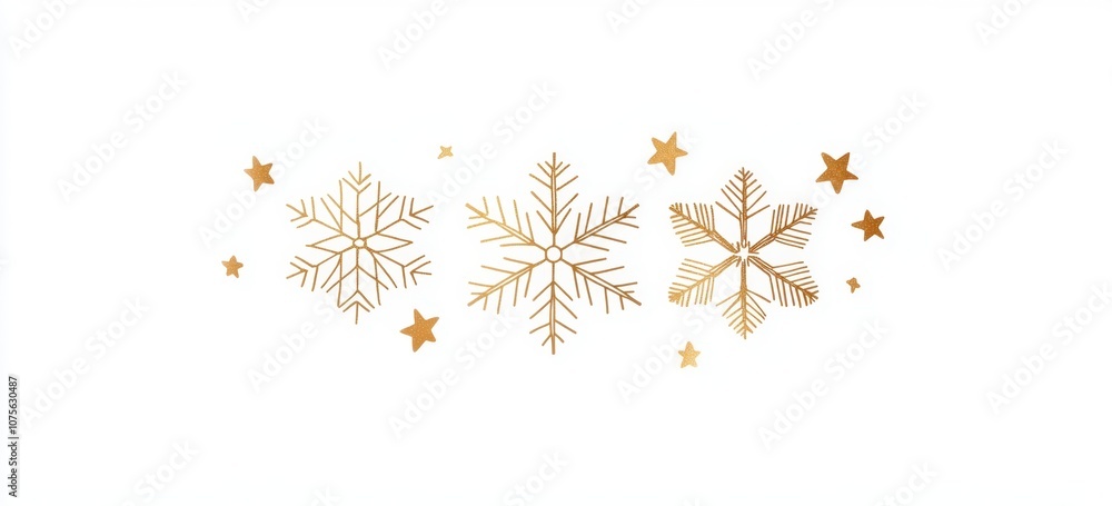 A simple line drawing of snowflakes in gold on a white background, with a few stars scattered around the design Generative AI A simple line drawing of snowflakes in gold on a white background, with a few stars scattered around the design Generative AI