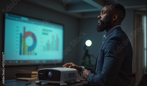 A businessman in a suit prepares a projector in a boardroom, with colorful bar graphs and charts displayed on the screen behind him. He stands ready to present important data to colleagues.