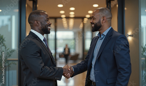 Two businessmen share a firm handshake and warm smiles in a modern office lobby, marking a successful partnership or new business agreement.