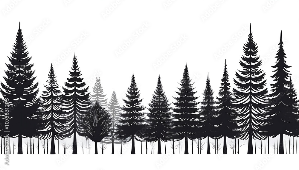 Obraz premium Evergreen forest firs and spruces create stark black shapes against a white background,_1(1165)