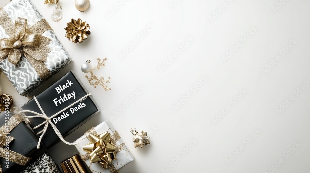 Naklejka premium A stylish arrangement of gift items on a white background with Black Friday Deals text overlay, appealing to holiday shoppers.