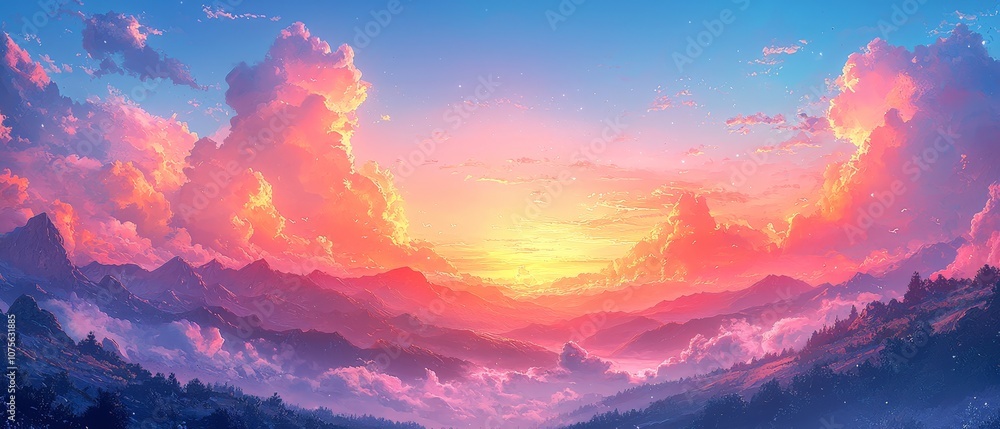 A vibrant sunset over mountains with colorful clouds and a serene atmosphere. A vibrant sunset over mountains with colorful clouds and a serene atmosphere.